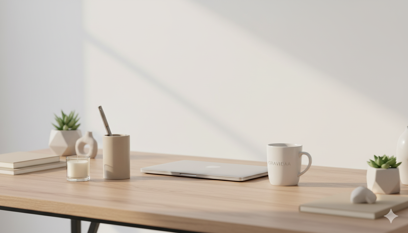 Minimal modern workspace with candle, plant, and pen stand – Gravidaa Home Décor & Desk Essentials