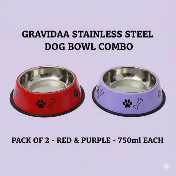 Gravidaa Dog Bowl Combo – 750ml Stainless Steel, Non-Skid, Easy-Clean, Pack of 2 (Red & Purple)