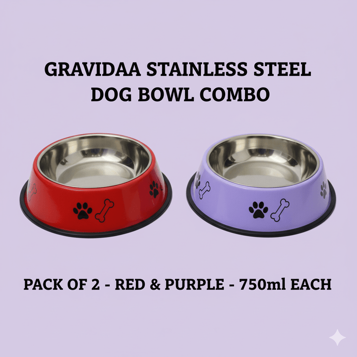 Gravidaa Dog Bowl Combo – 750ml Stainless Steel, Non-Skid, Easy-Clean, Pack of 2 (Red & Purple)